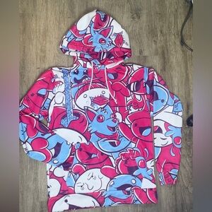 Kids Pink & Blue All-Over Cartoon Graphic Hoodie